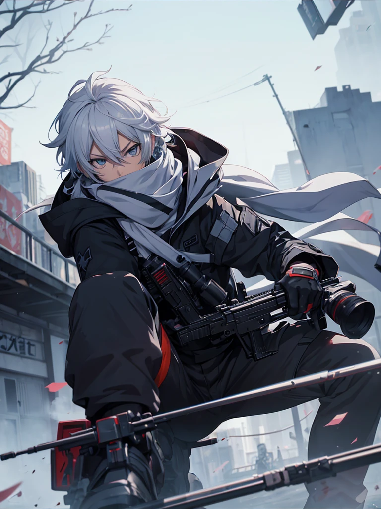 anime character with gun in hand and scarf, an anime drawing inspired by Okumura Togyu, trends on pixiv, neoism, trigger anime art style, Anime main art, white hair, best 4k konachan anime wallpaper, an angry teenage killer, de white hair, male anime character, anime character detailed art, with white sniper No errors Symmetry Right hands Sniper position Short, messy hair Scarf covering the face Black assassin's outfit White sniper painted white white details
