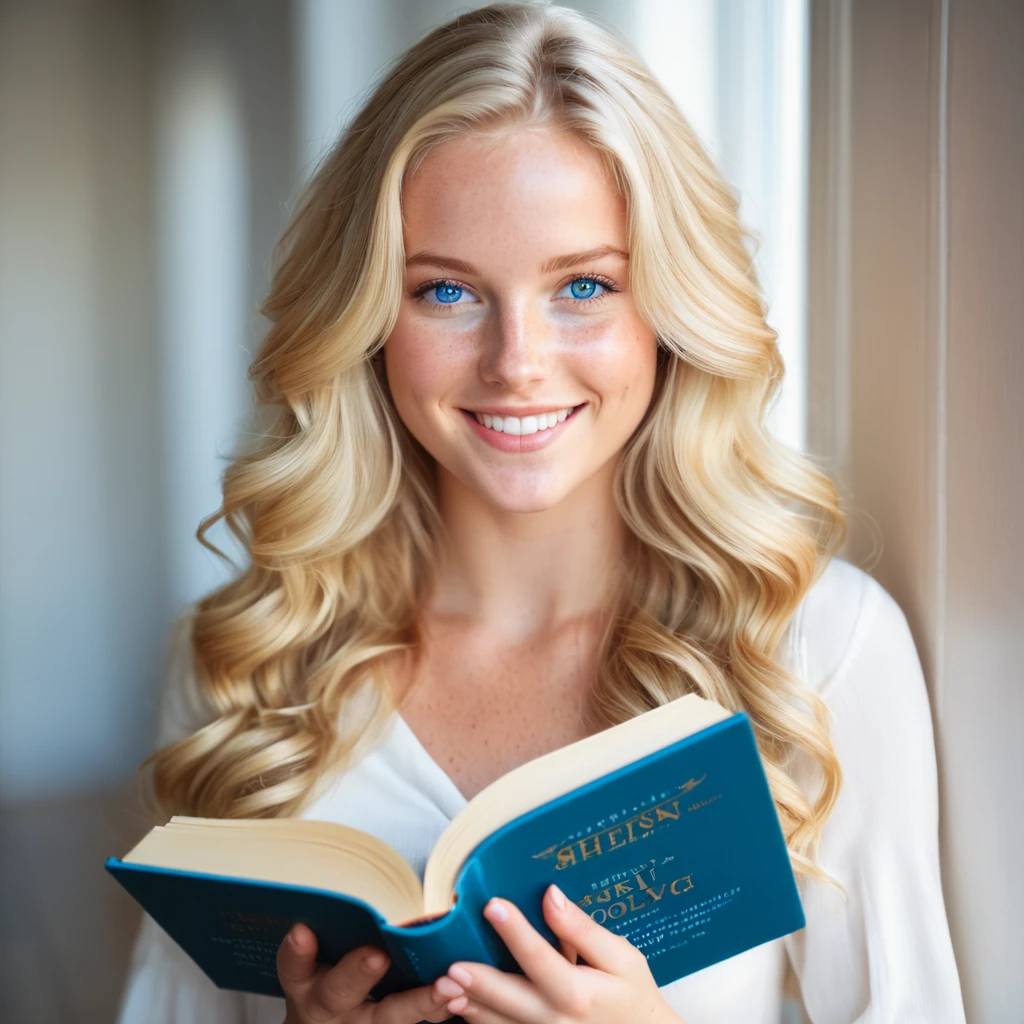 The image shows a young woman with a radiant smile. She has long, wavy blonde hair and striking blue eyes. Her skin appears fair, and she has a few freckles on her face. She is holding an opened book in her hands together in front of her. The background is softly blurred, suggesting an indoor setting with natural light, possibly from a window. The overall mood of the image is warm and inviting.