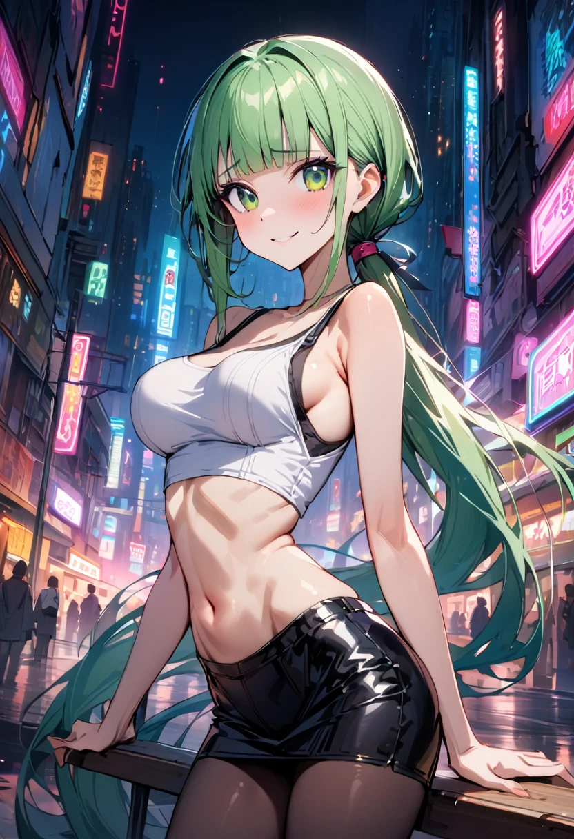 ((masterpiece,Highest quality:1.3)),cowboy shot,1woman,30 year old beauty,独奏,((very small head:1.3)),green hair,(low ponytail),long hair,blunt bangs,green eyes,gorgeous eyes,shy,smile,medium breasts,((very long body:1.2)),((toned body,slender body,skinny)),gleaming skin,shiny skin,(Black leather long coat)、(Tank top、navel、Black leather tight skirt)、barefoot、standing,Metropolis、neon、cyber punk、World of Blade Runner、