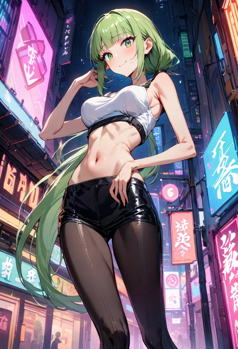 ((masterpiece,Highest quality:1.3)),cowboy shot,1woman,30 year old beauty,独奏,((very small head:1.3)),green hair,(low ponytail),long hair,blunt bangs,green eyes,gorgeous eyes,shy,smile,medium breasts,((very long body:1.2)),((toned body,slender body,skinny)),gleaming skin,shiny skin,(Black leather long coat)、(Tank top、navel、Black leather tight skirt)、barefoot、standing,Metropolis、neon、cyber punk、World of Blade Runner、