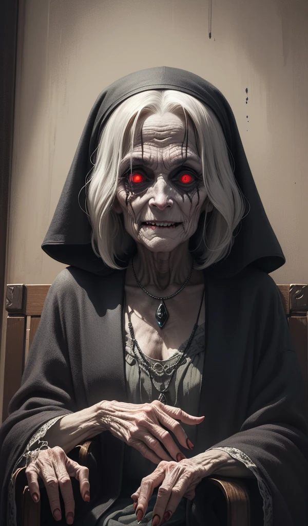 (anime, digital paint, old woman revealing her true nature, sinister and creepy, watching the children with a sly smile, dark and twisted interior of the house, ominous atmosphere with dim lighting and strange artifacts)