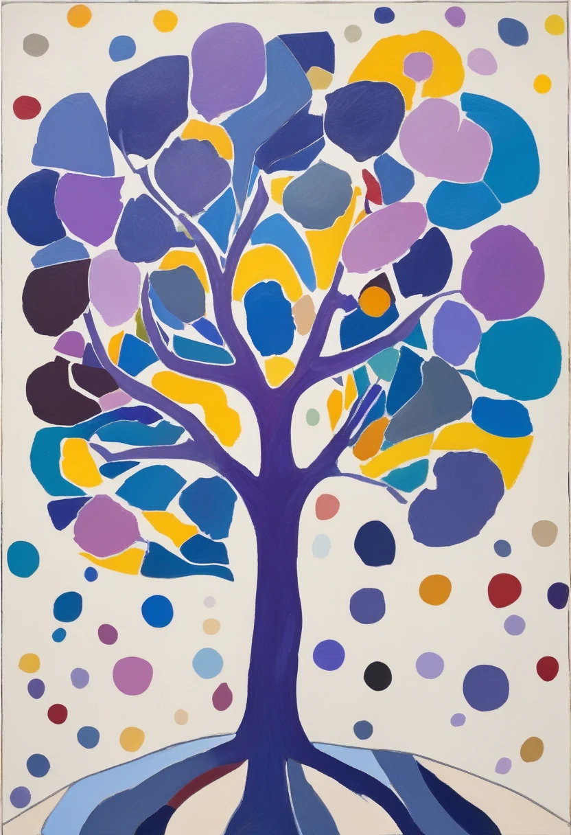 Fauvism style oil painting of a wavy leafy tree with (only yellow leaves) and a violet trunk, the yellow leaves are of different sizes; the tree is centered on a background of dots of cold colors such as light blue, dark blue, beige, light gray and dark gray; centered tree, full body view; fauvism painting by Henry Matisse; 