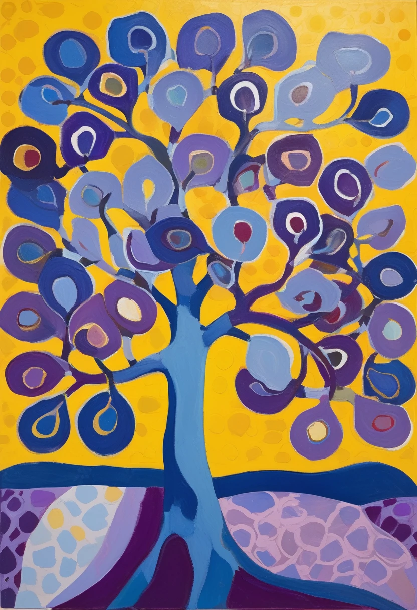 Fauvism style oil painting of a wavy leafy tree with (only yellow leaves) and a violet trunk, the yellow leaves are of different sizes; the tree is centered on a background of dots of cold colors such as light blue, dark blue, beige, light gray and dark gray; centered tree, full body view; fauvism painting by Henry Matisse;