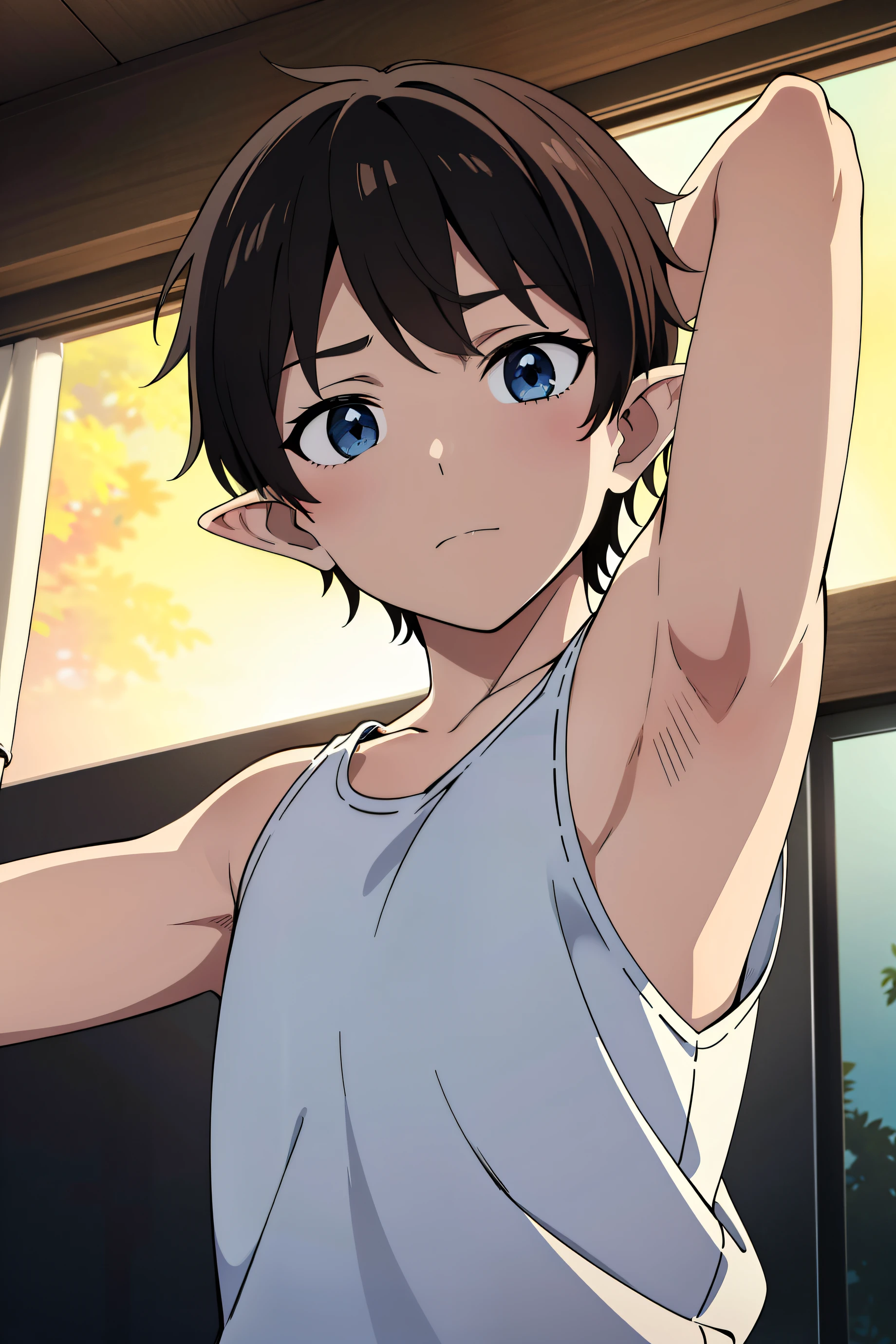 Highres, Masterpiece, Best quality at best,Best Quality,hight quality, hight detailed, Anime screencap style, 1boy, Shota, Little boy, Solo, Elf ear, Tank top, Seen from the front, look at viewer, (very young boy), (very small and short body), 12-year-old boys, (Showing armpit:1.3), hansome boy, Uhd, 4k, wallpaper