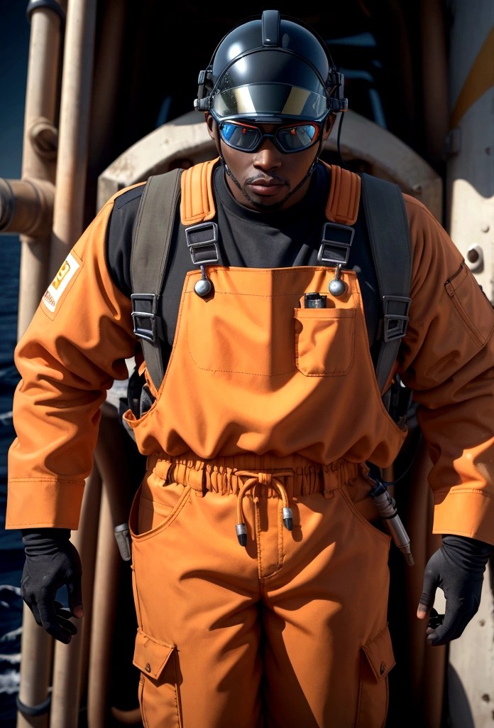 “Character design, luminogram, sharp focus, colorful, clear, detailed, cinematic, detailed, glamorous, offshore world, petroleum, energy, photos on an oil rig, petroleum, inspirational glow, maritime, realism fantastic, offshore fire-resistant overalls, orange clothing, industrial helmet, industrial protective goggles, ear protectors, shell type. black man, blue eyes, full body, bust, torso,”