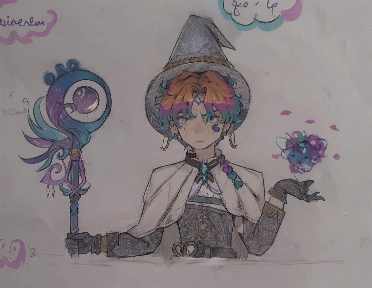 a wizard, blonde with sea green and purple hair tips, with a staff with light blue colors, dark blue, rocky and aqua green, he has an elegant black outfit, with a white cover with gold accessories