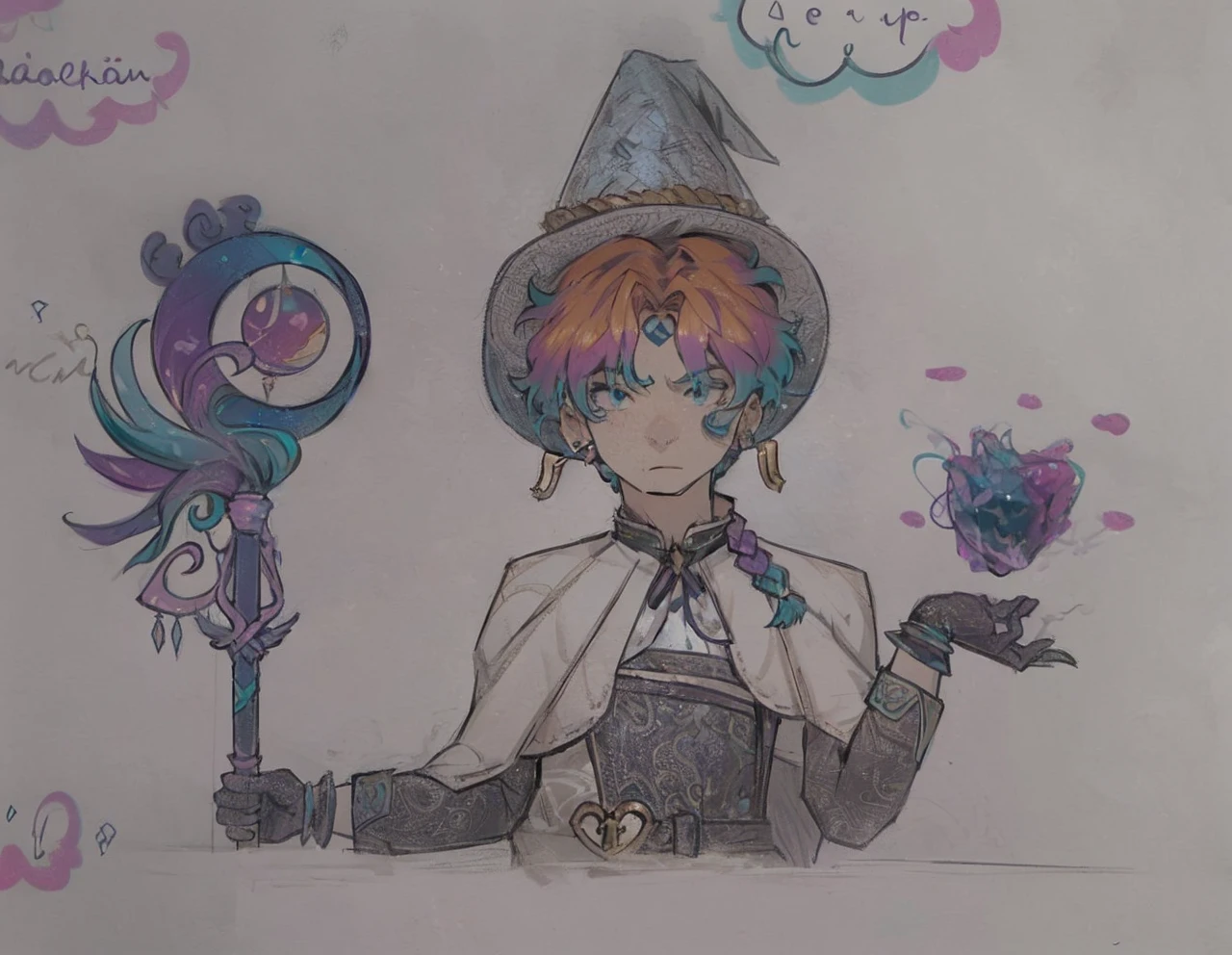 a wizard, blonde with sea green and purple hair tips, with a staff with light blue colors, dark blue, rocky and aqua green, he has an elegant black outfit, with a white cover with gold accessories