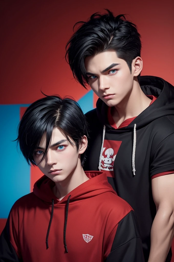 Make a boy character with spiky black hair, with a red eyes, wearing a headset on his head and a red shirt with black underneath; Make another boy character with straight black hair, with blue eyes, without phone, blue shirt with black hoodie