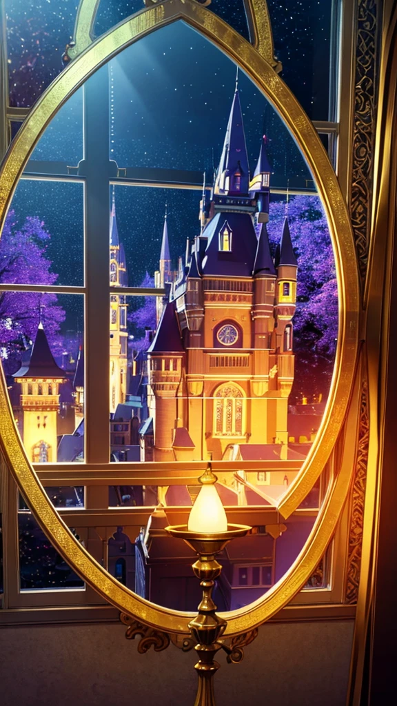 dreamy, colorful, whimsical, magical, masterpiece, best quality, sharp focus, intricately detailed environment, fine detail, 8k resolution, glowing lights,dark,inside of a castle,window,night