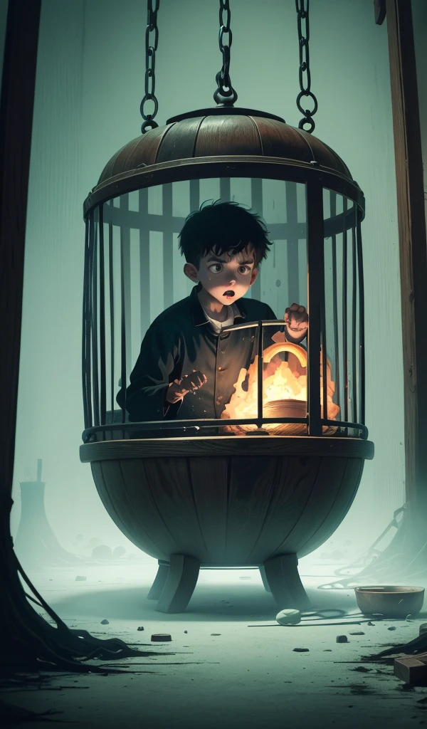 (anime, digital paint, boy trapped in a wooden cage, frightened expression, old woman stirring a bubbling cauldron, eerie green light illuminating the room, dark and ominous atmosphere with shadows dancing on the walls, sense of impending danger)