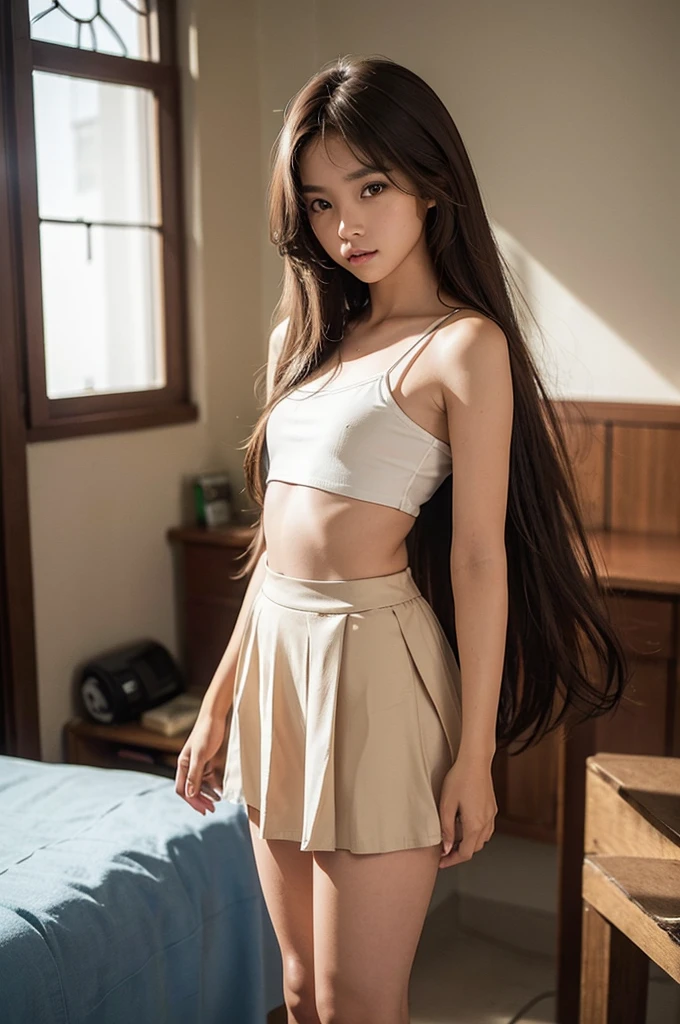 A filipina young girl, tanned skinned, teen baby face, long straight messy hair, random pose、top-quality、A high resolution、(Photorealsitic:1.5), seductive skirt、(Brown hair:1.2)、(flat chested:1.2)、‎Classroom、looking at viewert、a closeup、full body Esbian、Nasty eyes, seducing viewer