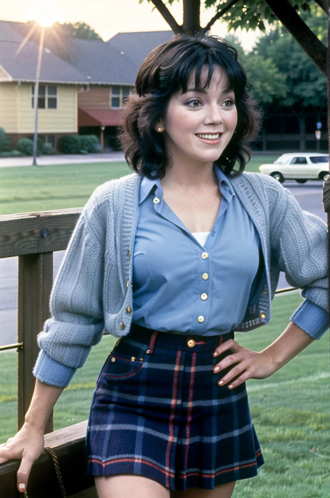 JoyceDewitt, 12 year okd girl, close-up photo of a wholesome american woman from the 1970s show "Three's Company" standing in a typical 1970s Preppy Plaid Skirt, fitted blouse and cardigan ensemble, hyperrealistic, city shopping, sunrise, beautiful blue sky wearing lots of jewelry