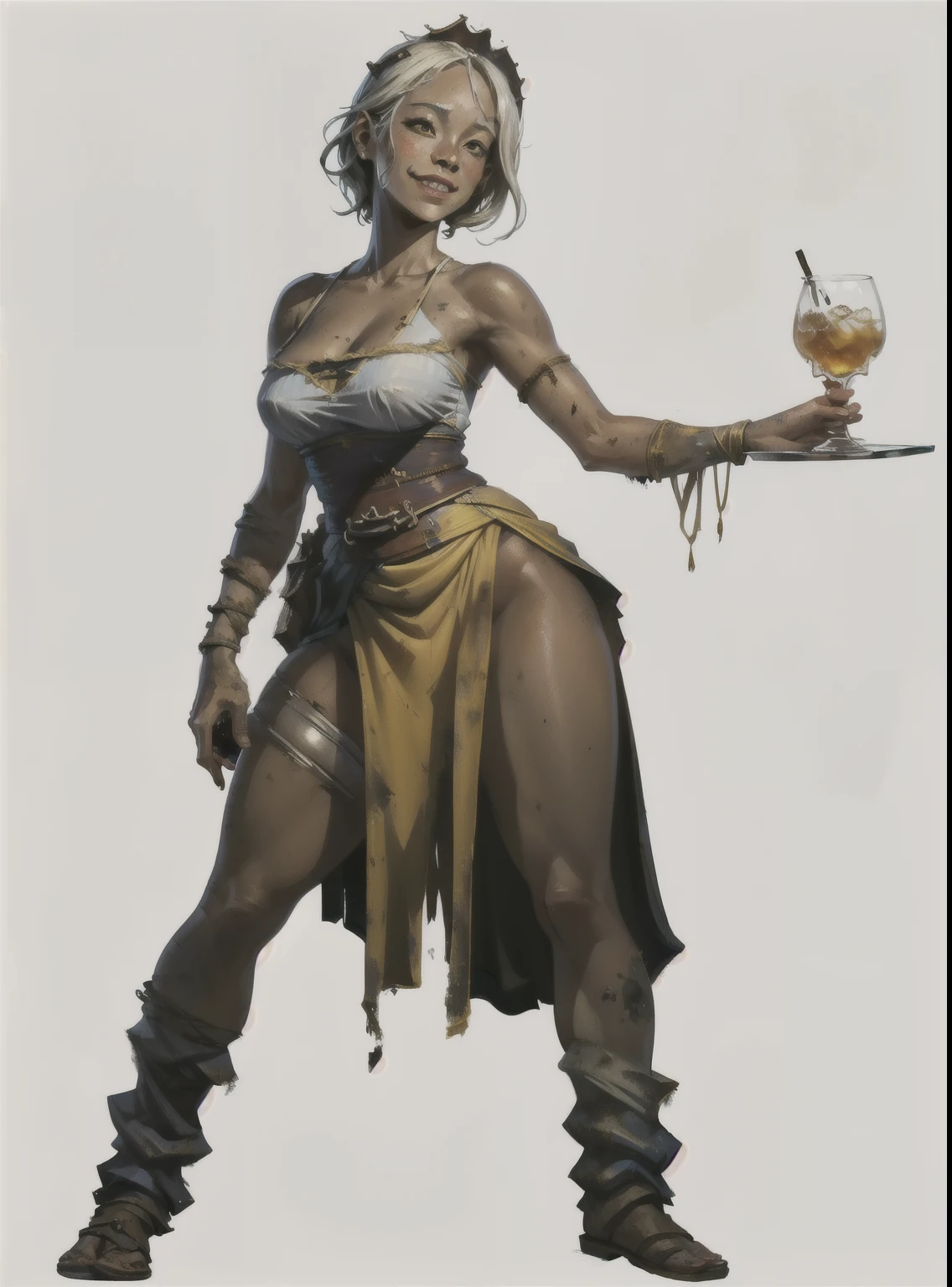 I want a character with a white background, png, Full-body image, Taverneira, tavern gift, yellowed and dirty medieval clothes, Asian , with drink glass in hand, smiling and staggering, beautiful and sexy