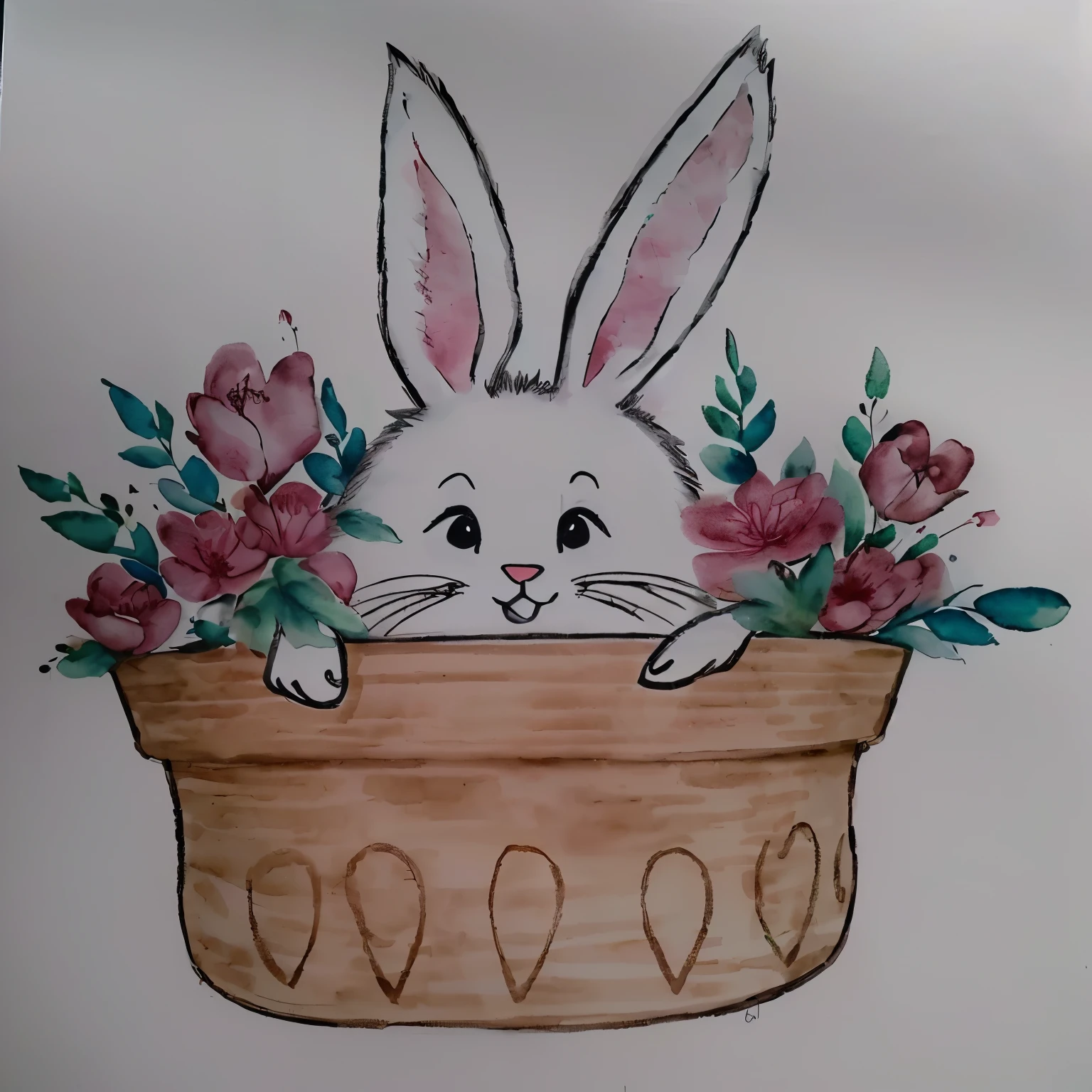 there is a drawing of a coelhinho in a flower pot, coelhinho, Tinta e aquarela wash, Tinta e aquarela, aquarela e caneta, detalhe adicionado, Aquarela, por Károly Lotz, a coelho full of hope, coelhinho ears, coelhinho head, anthropomorphic coelho, coelho face only, coelho, half coelhinho, with coelhinho ears