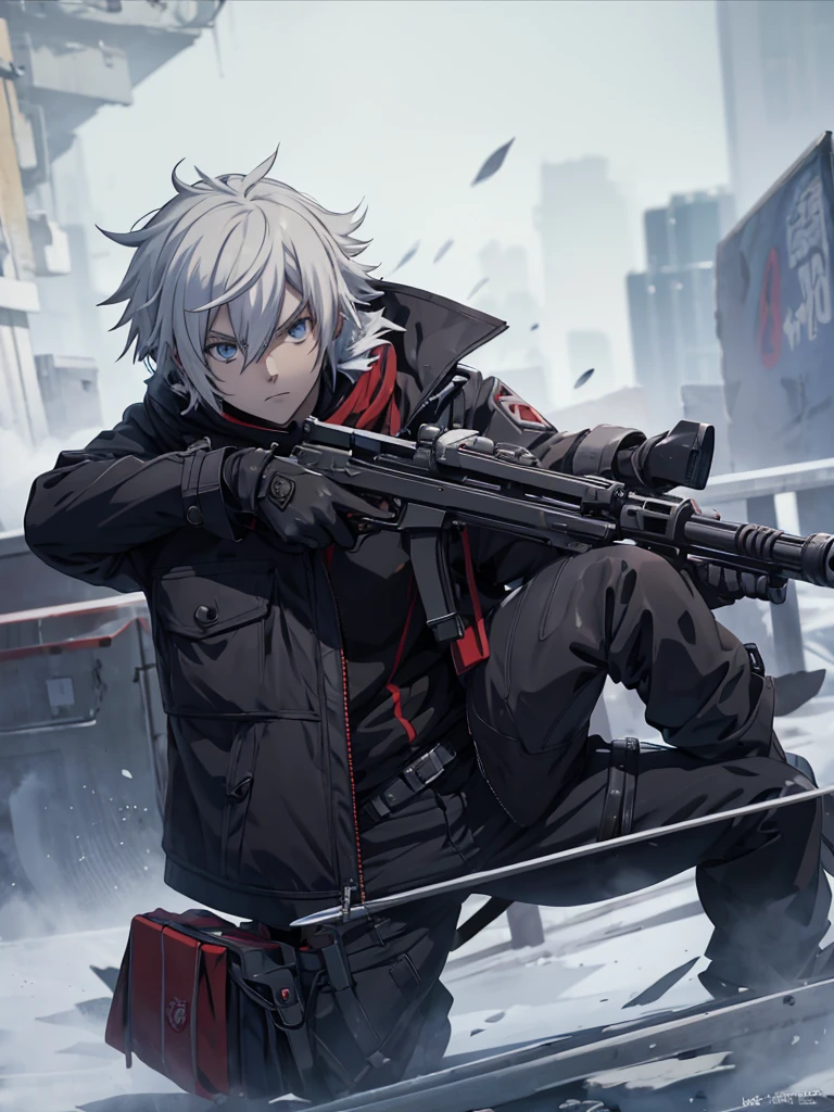 anime character with gun in hand and scarf, an anime drawing inspired by Okumura Togyu, trends on pixiv, neoism, trigger anime art style, Anime main art, white hair, best 4k konachan anime wallpaper, an angry age killer, de white hair, male anime character, anime character detailed art, com sniper na cor branca
Cabelos curtos e bagunçads
Cachecol cobrindo o rosto
Roupa preta de assassino
Sniper branca pintada de branca detalhes brancos