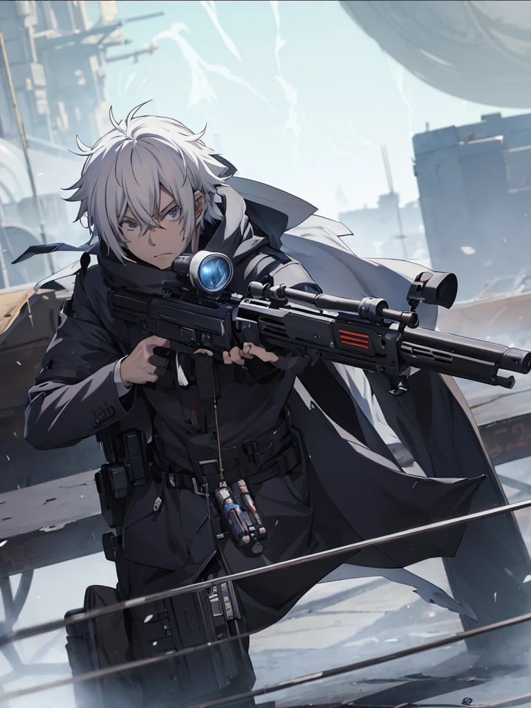anime character with gun in hand and scarf, an anime drawing inspired by Okumura Togyu, trends on pixiv, neoism, trigger anime art style, Anime main art, white  hair, best 4k konachan anime wallpaper, an angry teenage killer, de white  hair, male anime character, anime character detailed art, com sniper na cor branca



Cabelos curtos e bagunçads 

Cachecol cobrindo o rosto 

Roupa preta de assassino 

Sniper branca pintada de branca detalhes brancos 