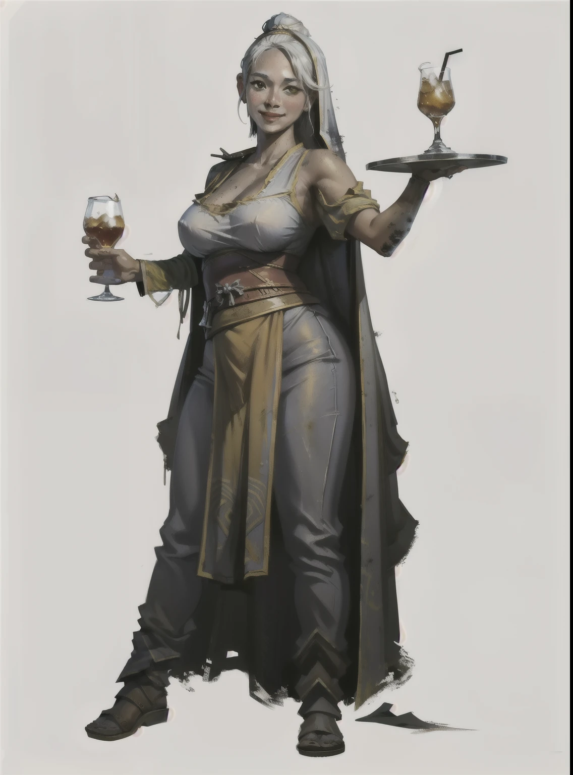 I want a character with a white background, png, Full-body image, Taverneira, tavern gift, yellowed and dirty medieval clothes, Asian , with drink glass in hand, smiling and staggering, beautiful and sexy