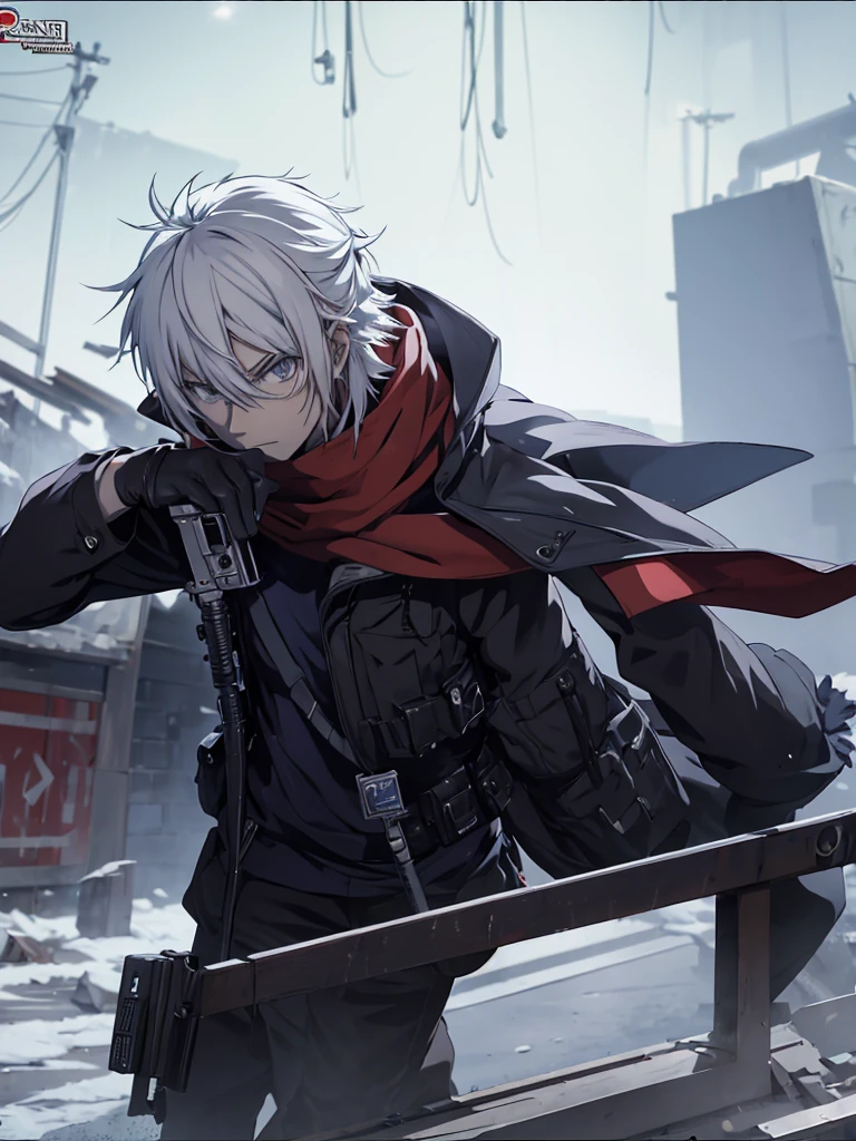 anime character with gun in hand and scarf, an anime drawing inspired by Okumura Togyu, trends on pixiv, neoism, trigger anime art style, Anime main art, white hair, best 4k konachan anime wallpaper, an angry teenage killer, de white hair, male anime character, anime character detailed art, com sniper na cor branca
Cabelos curtos e bagunçads
Cachecol cobrindo o rosto
Roupa preta de assassino
Sniper branca pintada de branca detalhes brancos