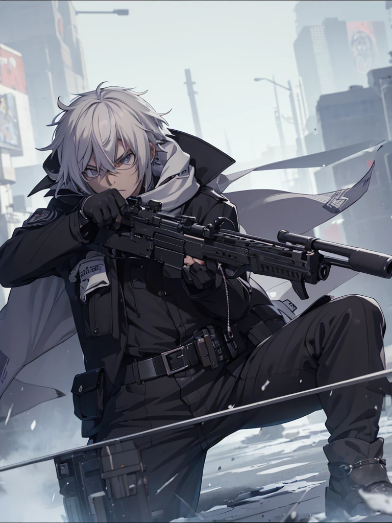 anime character with gun in hand and scarf, an anime drawing inspired by Okumura Togyu, trends on pixiv, neoism, trigger anime art style, Anime main art, white hair, best 4k konachan anime wallpaper, an angry teenage killer, de white hair, male anime character, anime character detailed art, com sniper na cor branca
Cabelos curtos e bagunçads
Cachecol cobrindo o rosto
Roupa preta de assassino
Sniper branca pintada de branca detalhes brancos