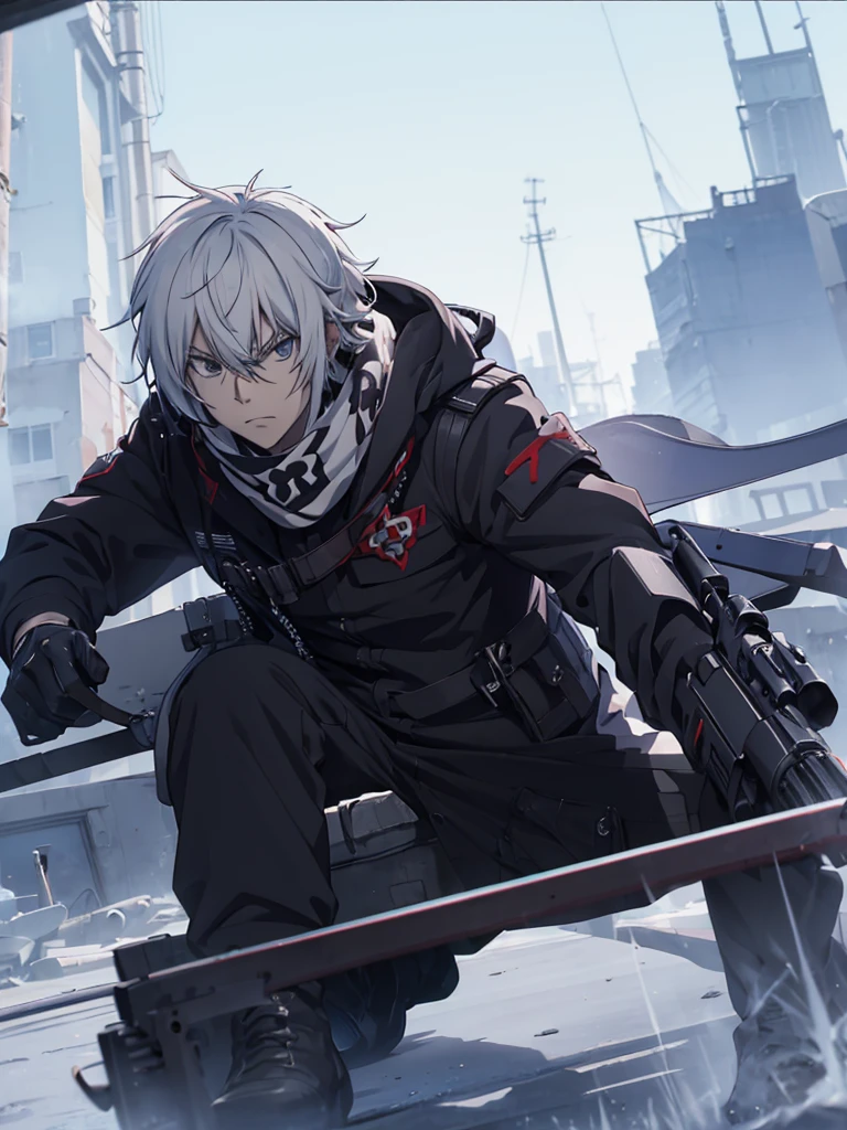 anime character with gun in hand and scarf, an anime drawing inspired by Okumura Togyu, trends on pixiv, neoism, trigger anime art style, Anime main art, white hair, best 4k konachan anime wallpaper, an angry teenage killer, de white hair, male anime character, anime character detailed art, com sniper na cor branca
Cabelos curtos e bagunçads
Cachecol cobrindo o rosto
Roupa preta de assassino
Sniper branca pintada de branca detalhes brancos