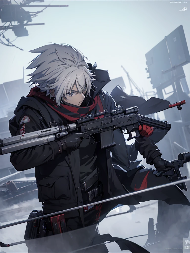 anime character with gun in hand and scarf, an anime drawing inspired by Okumura Togyu, trends on pixiv, neoism, trigger anime art style, Anime main art, white hair, best 4k konachan anime wallpaper, an angry teenage killer, de white hair, male anime character, anime character detailed art, com sniper na cor branca
Cabelos curtos e bagunçads
Cachecol cobrindo o rosto
Roupa preta de assassino
Sniper branca pintada de branca detalhes brancos