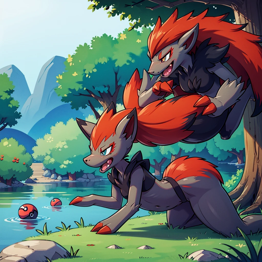 zoroark, pokemon (creature),forest, lake,