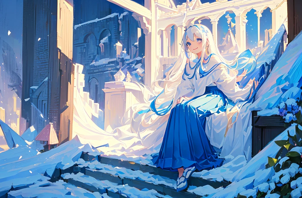 ((best quality,masterpiece,Extremely complex and exquisite details,There is only one beautiful girl with long white straight hair and blue eyes,Smile,long skirt)),(Exquisite light blue and white clothing,Beautiful bright and exquisite ancient style white castle architectural background),(correct anatomy,exquisite face),(Exquisite fantasy dream style,Snow,Falling Flowers,The great outdoors),Sitting
