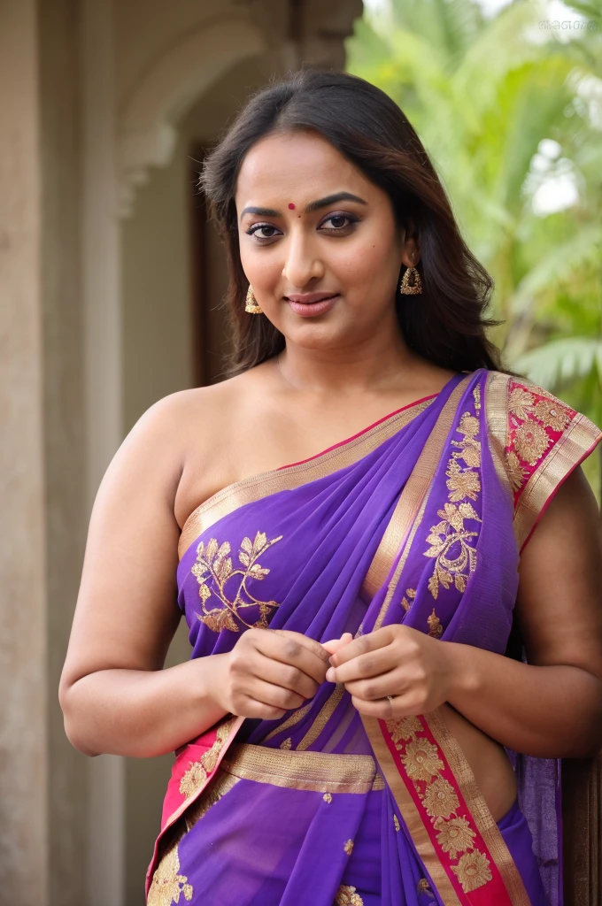 Foto RAW, photorealistic, photography, full body shot, 50 years old Woman, master shot, perfect eyes, goddess like beauty, pierced eyes, perfect thick chubby mallu Desi aunty bhabhi, Wearing a Stanapatta, a chest-band.Saree model, model Photography, Indian saree shoot, Indian traditional wear advertising photography, traditional wear brand shoot, face of Indian actress Sonakshi Sinha, masterpiece, realistic, realism, incredible details, pleasure, photorealism, detailed skin, skin pores, high contrast, photorealistic Artstation 8k HD digital art trend of high definition and detailed realistic skin texture, ultra detail, realistic skin texture, armature, best quality, ultra high definition, (photorealistic:1.4),, high resolution, detail, raw photo, sweat, Re sharp, by Lee Jefferies Nikon D850 Film Stock Photo 4 Kodak Portra 400 Camera F1.6 Lens Rich Color Ultra Real Realistic Realistic Textures Dramatic Lighting Unreal Engine Trending at Art Station Cinestill 800,(pele altamente detalhada: 1.2), 8k UHD, DSLR, soft-lighting, alta qualidade, grain of film, Fujifilm XT3,she didn't like to wear blouse or bra, she is happy to wear only saree, she hates blouse or bra, detailed hairy armpits, hyper realistic skin, skin pores, sweat, veins,