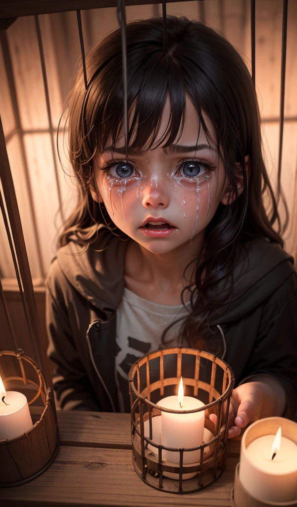 (anime, digital paint, young girl crying with determination in her eyes, plotting escape, old wooden cage, shadowy corners, flickering candlelight highlighting her resolved expression, a mix of fear and hope)