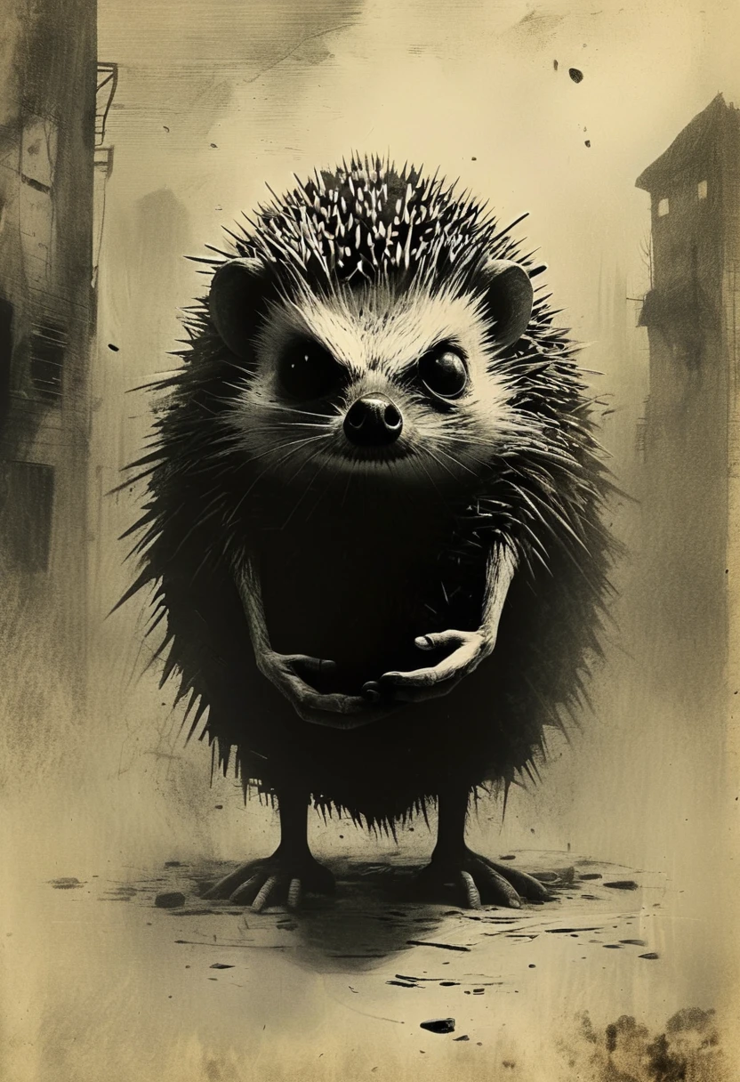 Soviet cartoon Hedgehog in the fog. Horror. Screamer, sepia, creepypasta, hopelessness, it’s all over. Ashley Wood style, dark scarlet, monochrome, (minimalism: 1), ray tracing details. Style by Stephen Gammell.
