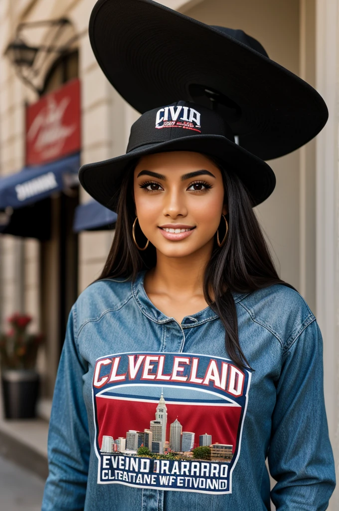 Beautiful Hispanic model on a Cleveland guardian shirt and hat