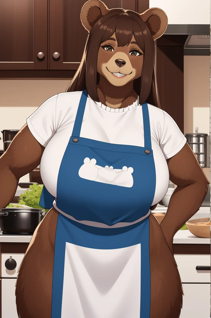 best quality, glossy, 4k, ((artwork)), extremely detailed, 8k, beautiful, Brown bear woman, bear ears, blue iris, smile, no background, simple art, furry, cooking apron, kitchen, smile, human face, big mature woman, bear skin, clothes, woman's hair, long hair, brown hair, fur