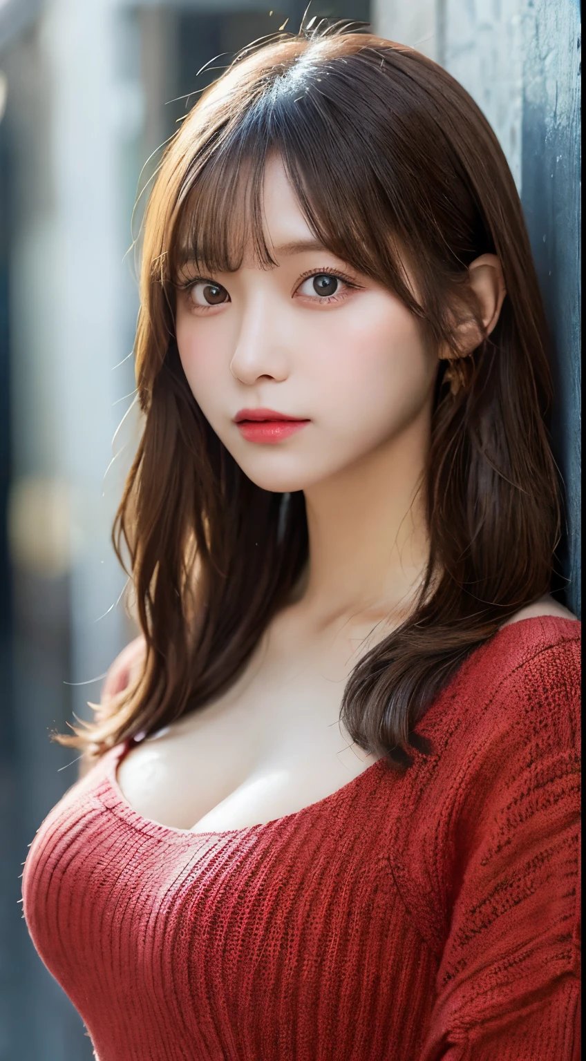 masutepiece, Best Quality, Illustration, Ultra-detailed, finedetail, hight resolution, 8K Wallpaper, Perfect dynamic composition, Beautiful detailed eyes, Natural lips, Red knitted dress , Big breasts, cleavage