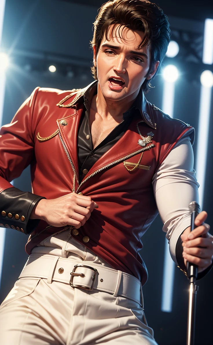 Crie uma imagem close UP corpo inteiro de Elvis Presley, singing for fans best quality High quality