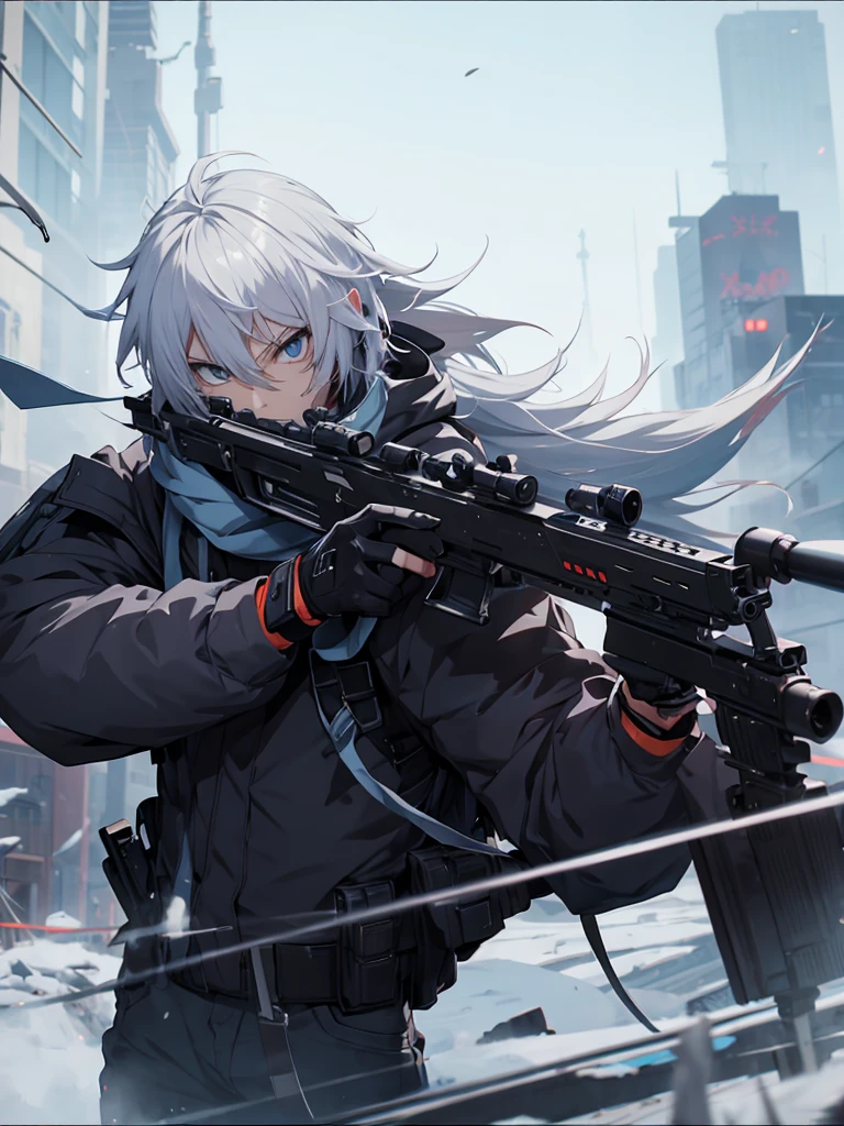 anime character with gun in hand and scarf, an anime drawing inspired by Okumura Togyu, trends on pixiv, neoism, trigger anime art style, Anime main art, white hair, best 4k konachan anime wallpaper, an angry age killer, de white hair, male anime character, anime character detailed art, with white sniper No errors Symmetry Right hands Sniper position Short, messy hair Scarf covering the face Black assassin's outfit White sniper painted white white details