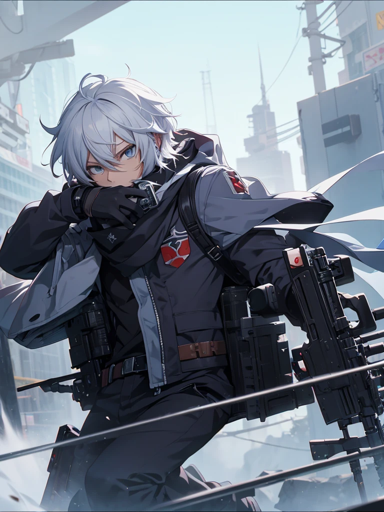 anime character with gun in hand and scarf, an anime drawing inspired by Okumura Togyu, trends on pixiv, neoism, trigger anime art style, Anime main art, white hair, best 4k konachan anime wallpaper, an angry teenage killer, de white hair, male anime character, anime character detailed art, with white sniper No errors Symmetry Right hands Sniper position Short, messy hair Scarf covering the face Black assassin's outfit White sniper painted white white details
