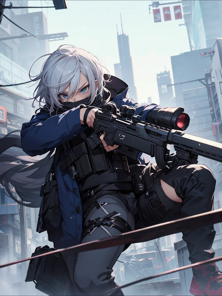 anime character with gun in hand and scarf, an anime drawing inspired by Okumura Togyu, trends on pixiv, neoism, trigger anime art style, Anime main art, white hair, best 4k konachan anime wallpaper, an angry teenage killer, de white hair, male anime character, anime character detailed art, with white sniper No errors Symmetry Right hands Sniper position Short, messy hair Scarf covering the face Black assassin's outfit White sniper painted white white details