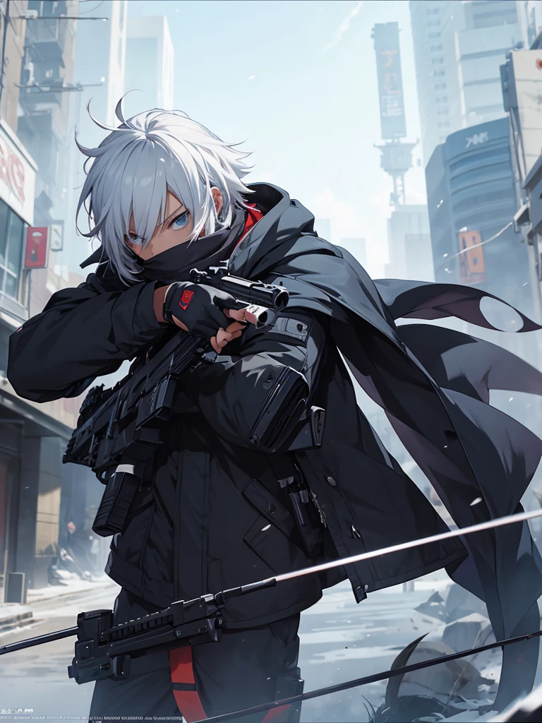 anime character with gun in hand and scarf, an anime drawing inspired by Okumura Togyu, trends on pixiv, neoism, trigger anime art style, Anime main art, white  hair, best 4k konachan anime wallpaper, an angry teenage killer, de white  hair, male anime character, anime character detailed art, with white sniper No errors Symmetry Right hands Sniper position Short, messy hair Scarf covering the face Black assassin&#39;s outfit White sniper painted white white details 