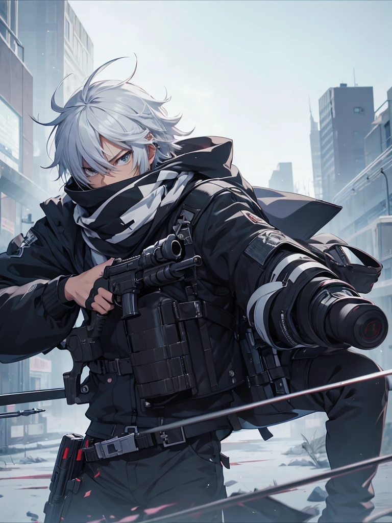 anime character with gun in hand and scarf, an anime drawing inspired by Okumura Togyu, trends on pixiv, neoism, trigger anime art style, Anime main art, white  hair, best 4k konachan anime wallpaper, an angry teenage killer, de white  hair, male anime character, anime character detailed art, with white sniper No errors Symmetry Right hands Sniper position Short, messy hair Scarf covering the face Black assassin&#39;s outfit White sniper painted white white details 