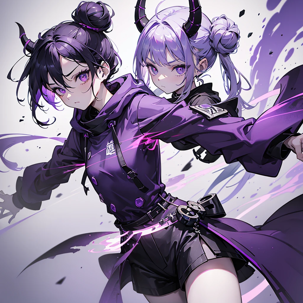 boy. thoughtful look. open forehead. black and purple hair tied in a bun on the left side to one side. sinuous black horns wrapped in dark purple ribbon. pale violet eyes. in short dark purple shorts. long white T-shirt. dark purple knee-high socks. dark_purple long coat with hood. древние dark_purple stone walls purple light from lamps
