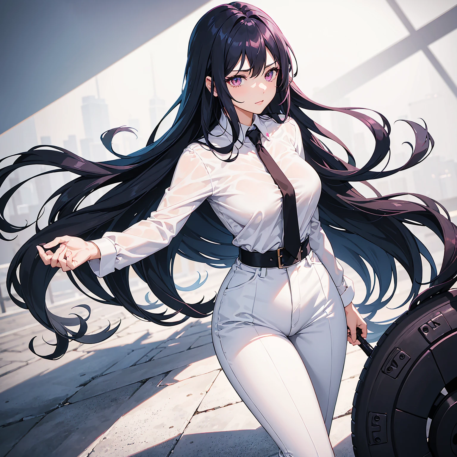 1 woman,long waist length dark blue hair,pink eyes,wearing a white shirt,black pants,business woman core