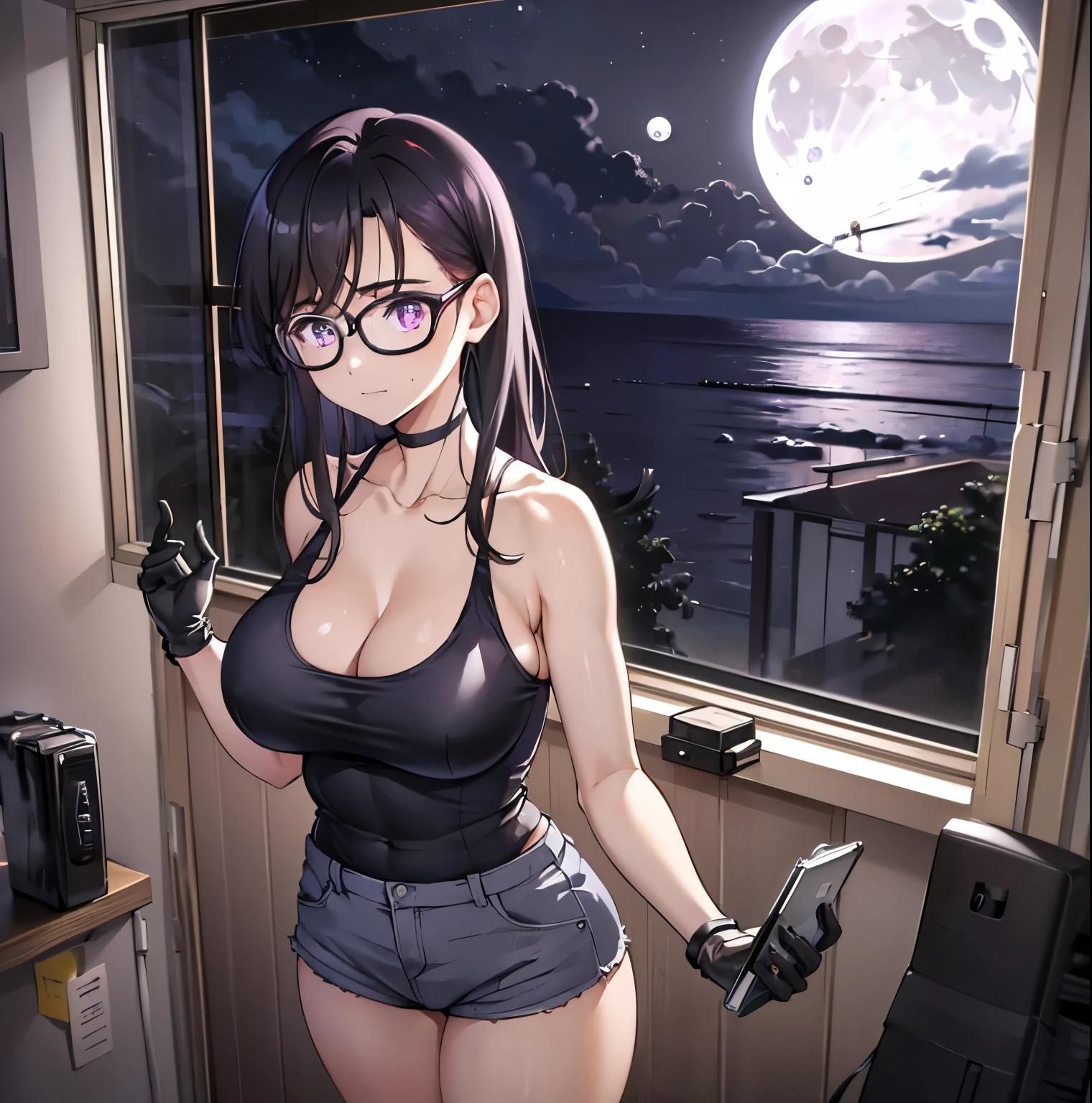 ((1 girl)),((alone)), hizuru minakata, Masterpiece, Ultra detailed, detailed background, sharp focus, curvy body, looking at viewer, perfect fingers, mature woman, cowboy shot, dynamic pose, hair long, black hair, black glasses, purple eyes, smiling, seductive, standing, black choker, choker, (bare shoulders, , indoor, night, moon, window, beach view, hotel room, Sea view: 1.5, Clouds :1.5), black tank top, neckline, bare shoulders, exposed navel, black gloves, denim shorts, short shorts, bare legs, black shoes, large breasts, medium waist, medium hips, wide thighs, round butt, (( alone)),standing, looking back,from behind,((focus on ass)), pov (from below), perfect anatomy, perfect hands