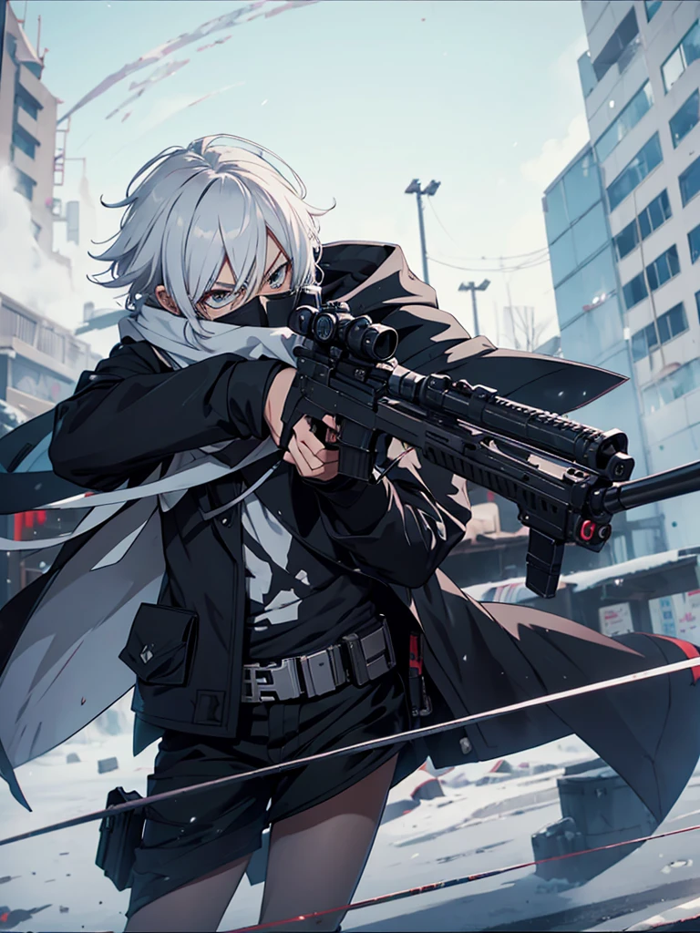 anime character with gun in hand and scarf, an anime drawing inspired by Okumura Togyu, trends on pixiv, neoism, trigger anime art style, Anime main art, white hair, best 4k konachan anime wallpaper, an angry teenage killer, de white hair, male anime character, anime character detailed art, with white sniper No errors Symmetry Right hands Sniper position Short, messy hair Scarf covering the face Black assassin's outfit White sniper painted white white details