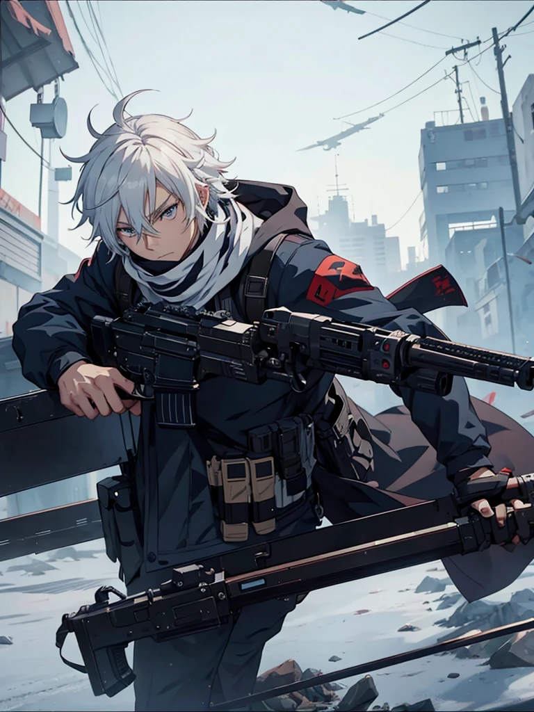 anime character with gun in hand and scarf, an anime drawing inspired by Okumura Togyu, trends on pixiv, neoism, trigger anime art style, Anime main art, white hair, best 4k konachan anime wallpaper, an angry age killer, de white hair, male anime character, anime character detailed art, with white sniper No errors Symmetry Right hands Sniper position Short, messy hair Scarf covering the face Black assassin's outfit White sniper painted white white details