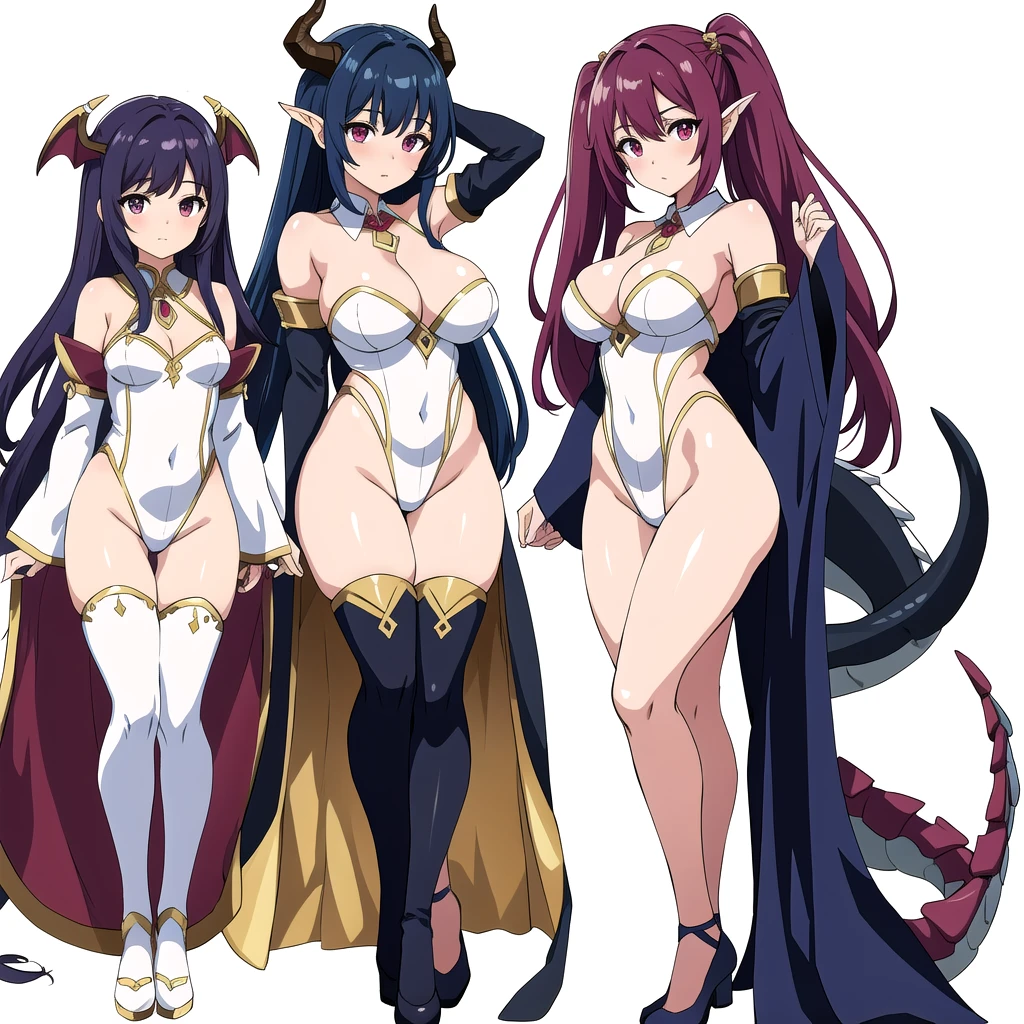 masterpiece, best quality, 3 girls,  variety of hairstyles, high fantasy costume, ((white background)), full body, multiple views, leotard, succubus, dragon horn, detached sleeves,