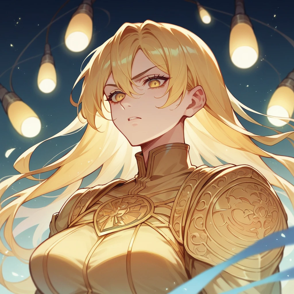 Girl, flowing golden blonde hair, yellow eyes, golden imperial outfit, neckline, anime, the background is a clear sky with twinkling lights, dynamic angle, arrogant laughter