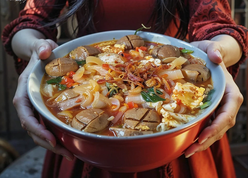 photorealistic, real girl , ((1 girl)), ((ultra-realistic)), gloss, 8k, detailed face, woman wear, red Satan with red wedding dress transparent, showing soup food bowl, standing in a dark room night
