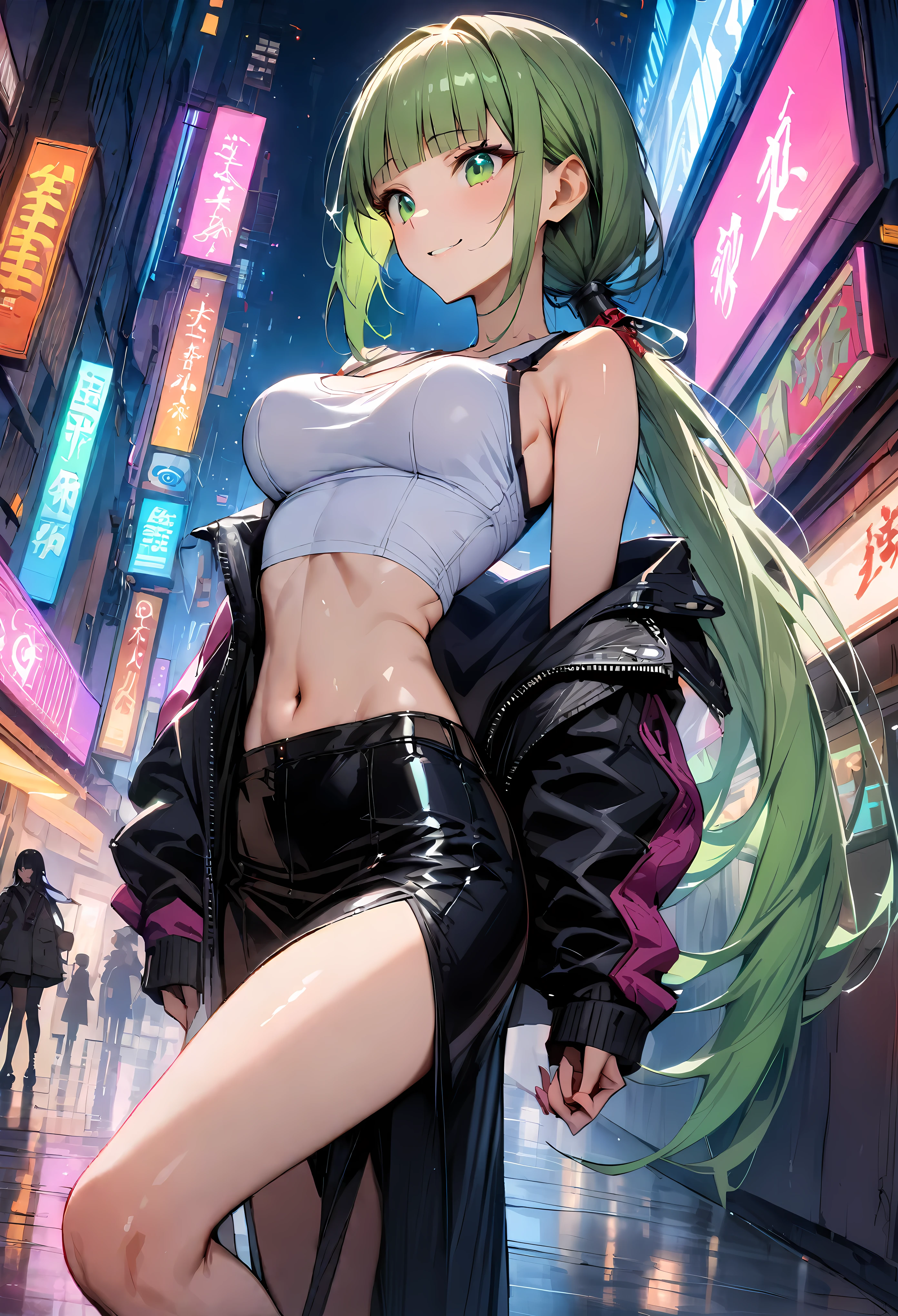 ((masterpiece,Highest quality:1.3)),cowboy shot,1woman,30 year old beauty,solo,((very small head:1.3)),green hair,(low ponytail),long hair,blunt bangs,green eyes,gorgeous eyes,shy,smile,medium breasts,((very long body:1.2)),((toned body,slender body,skinny)),gleaming skin,shiny skin,(Black leather rider jacket、Tank top、navel、Tight Skirt)、barefoot、standing,Metropolis、neon、cyber punk、World of Blade Runner、