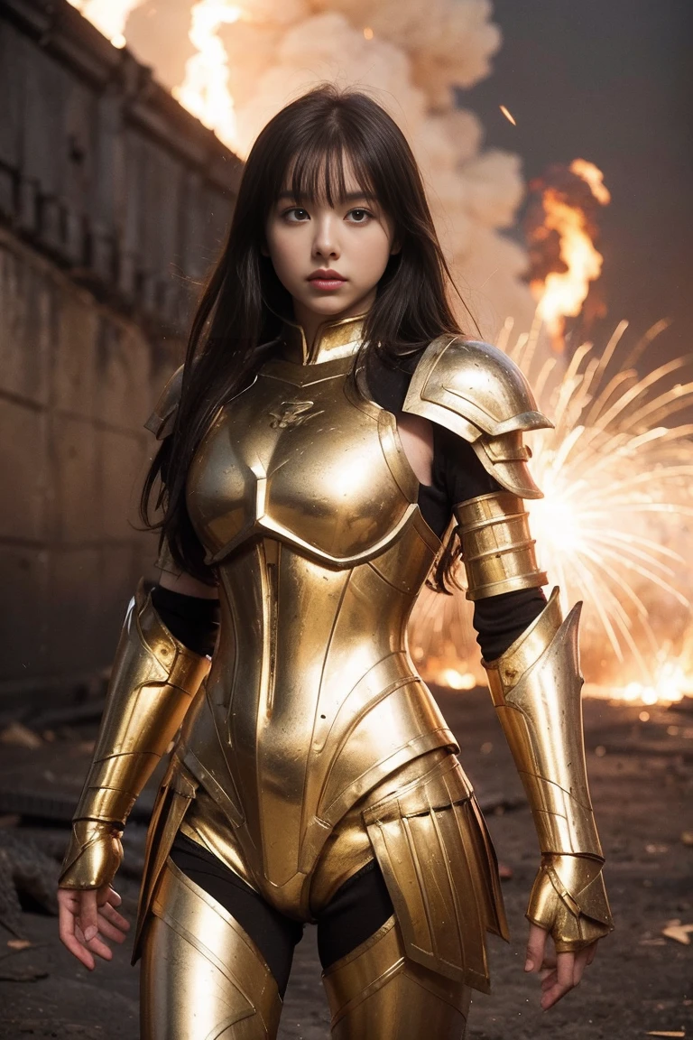 (Masterpiece), (Best Quality), (1 Girl), Girl in Golden Armor, Cool Pose, Battlefield Background, Fire Background, Saint Seiya Armor, Messy Hair, Broken Armor, Ragged Clothes