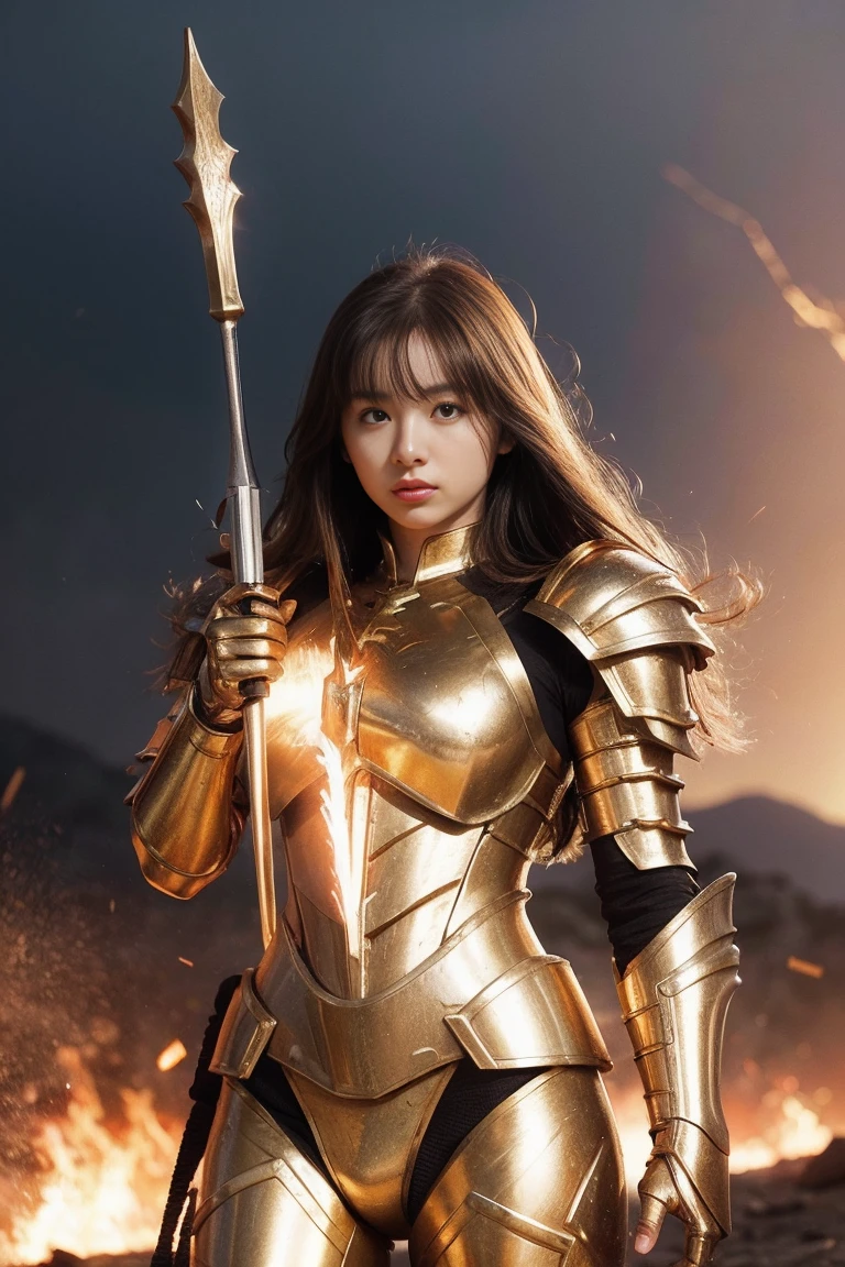(Masterpiece), (Best Quality), (1 Girl), Girl in Golden Armor, Cool Pose, Battlefield Background, Fire Background, Saint Seiya Armor, Messy Hair, Broken Armor, Ragged Clothes